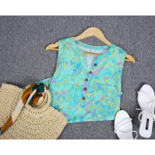 Colorful Ethnic Print Button Sleeveless Blouse