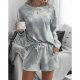 Casual Grey Round Neck Loose Top And Drawstring Lounge Shorts Set