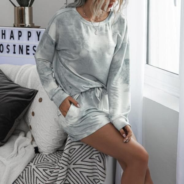 Casual Grey Round Neck Loose Top And Drawstring Lounge Shorts Set