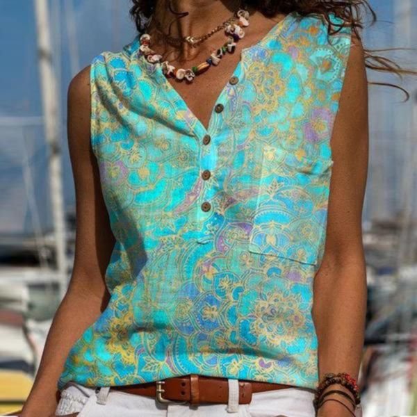 Colorful Ethnic Print Button Sleeveless Blouse