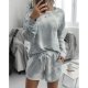 Casual Grey Round Neck Loose Top And Drawstring Lounge Shorts Set