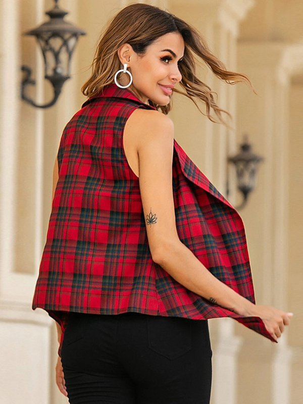 Women's Open Front Notch Lapel Collar Vest Plaid Business Red