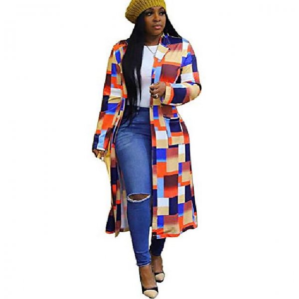 Long Sleeve Plaid Printed Coat For Women Double Breasted Lapel Windbreaker Casual Outwear