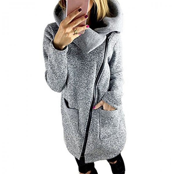 Womens Warm Hooded Coat Solid High Collar Jacket Oblique Side Zipper Sweatshirt Outwear