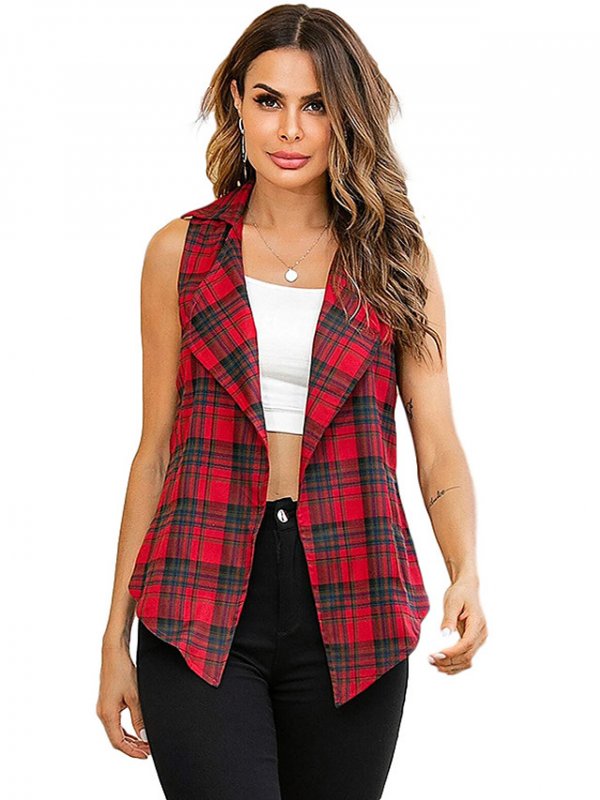 Women's Open Front Notch Lapel Collar Vest Plaid Business Red