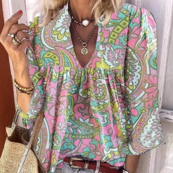 Youthful Print V-Neck 3/4 Sleeve Blouse